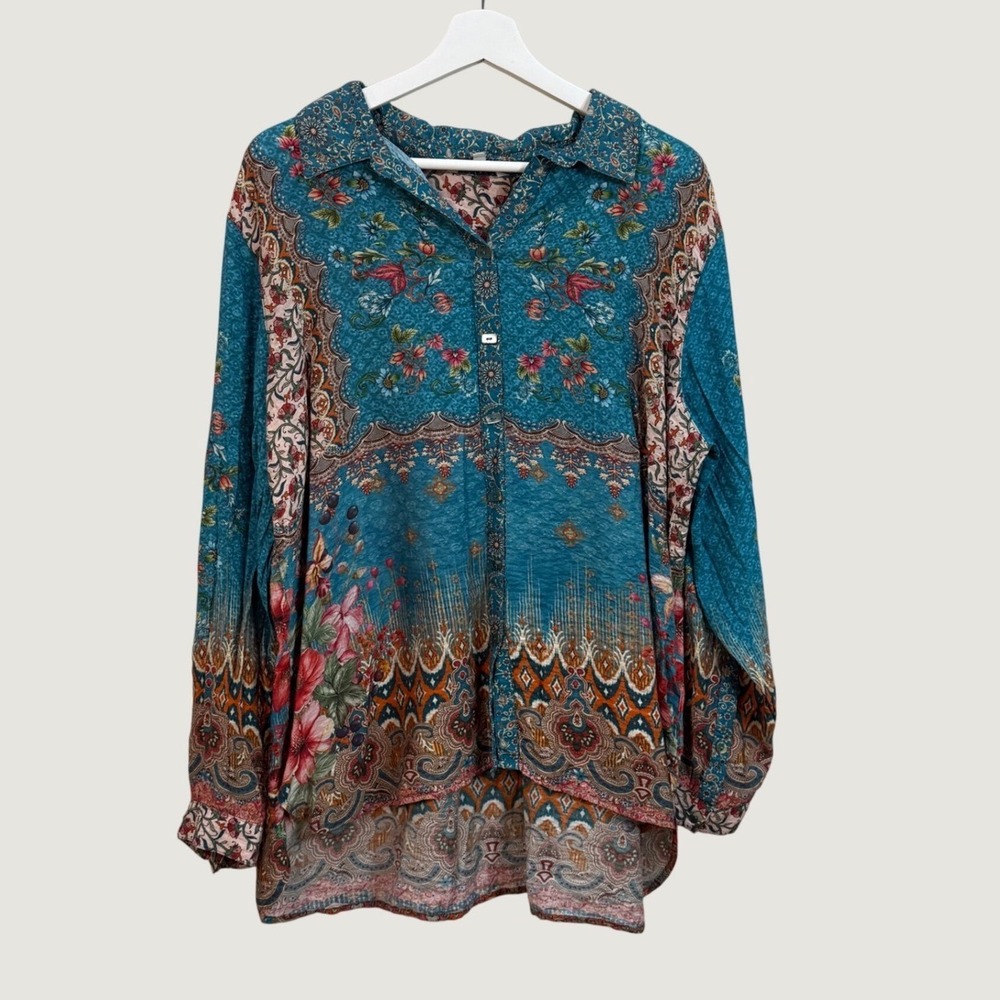 John Mark Teal Blue Flowy Top Floral Paisley Mixed Print Boho Cottage Fall 1X